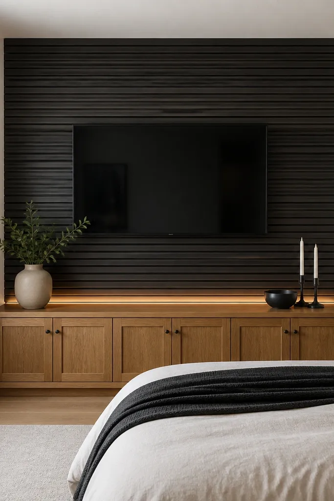 A modern bedroom back wall with horizontal black wood slats behind the TV. The slats are evenly spaced with narrow gaps. The TV sits centered, and a warm honey oak console with simple shaker doors sits beneath. A warm LED strip glows at the bottom edge of the slat panel, and the room walls are painted off-white.