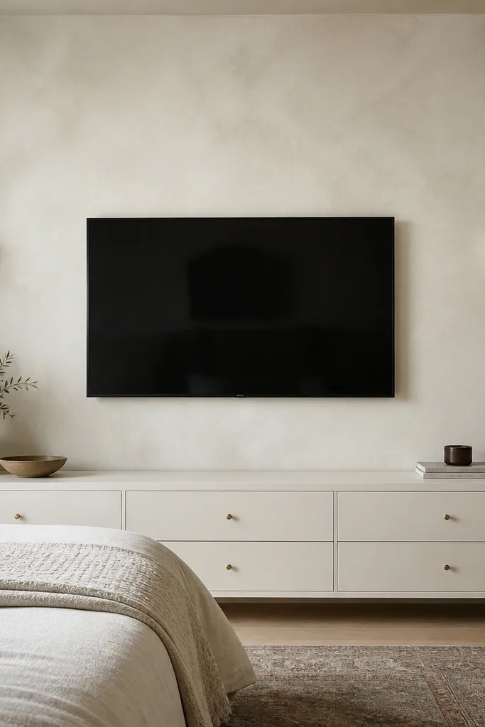 A bedroom back wall with a limewash-like plaster finish in pale warm white. The TV is centered with a simple floating mount. A pair of small brass sconces with frosted glass shades sit to the left and right of the TV. A low white media console with brass knobs sits beneath, and the wall has subtle mottling like hand-applied plaster.