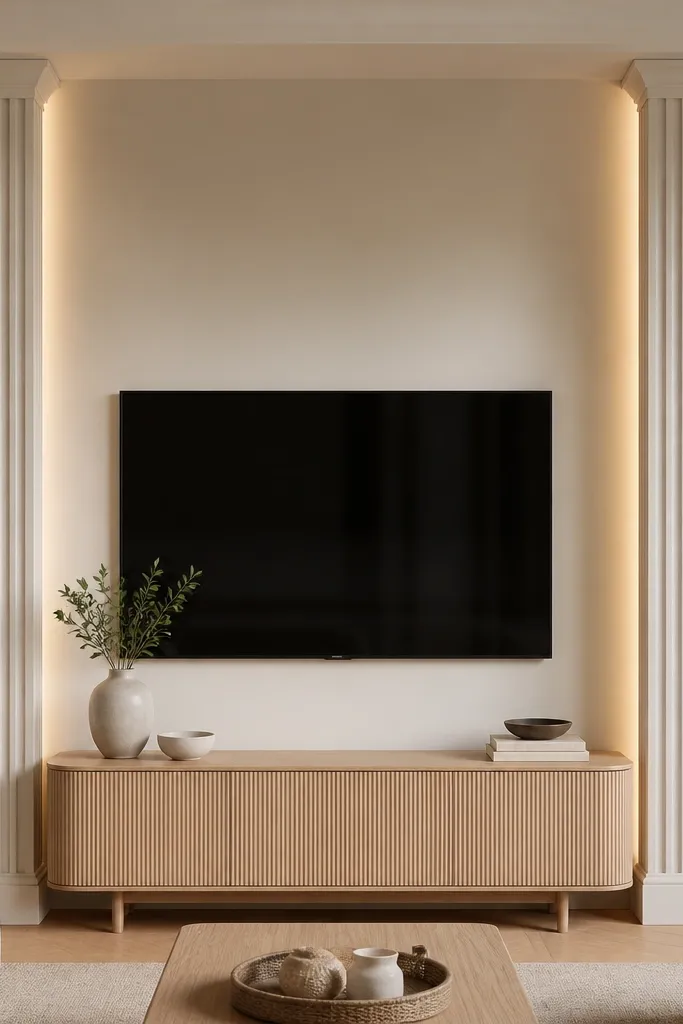 A TV wall with two tall fluted columns in matte cream painted trim on either side of the TV. The flutes are vertical with shallow grooves. The TV sits centered between columns, and a light oak console sits below. Warm LED strip lighting runs behind the columns near the top.