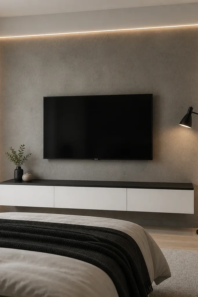 A bedroom back wall with a large concrete-gray panel texture behind the TV. The panel looks like smooth microcement with subtle speckle. The TV is centered, and a floating console in white with a black top sits beneath. A thin LED strip runs along the panel border, and there's a simple black floor lamp in the corner.