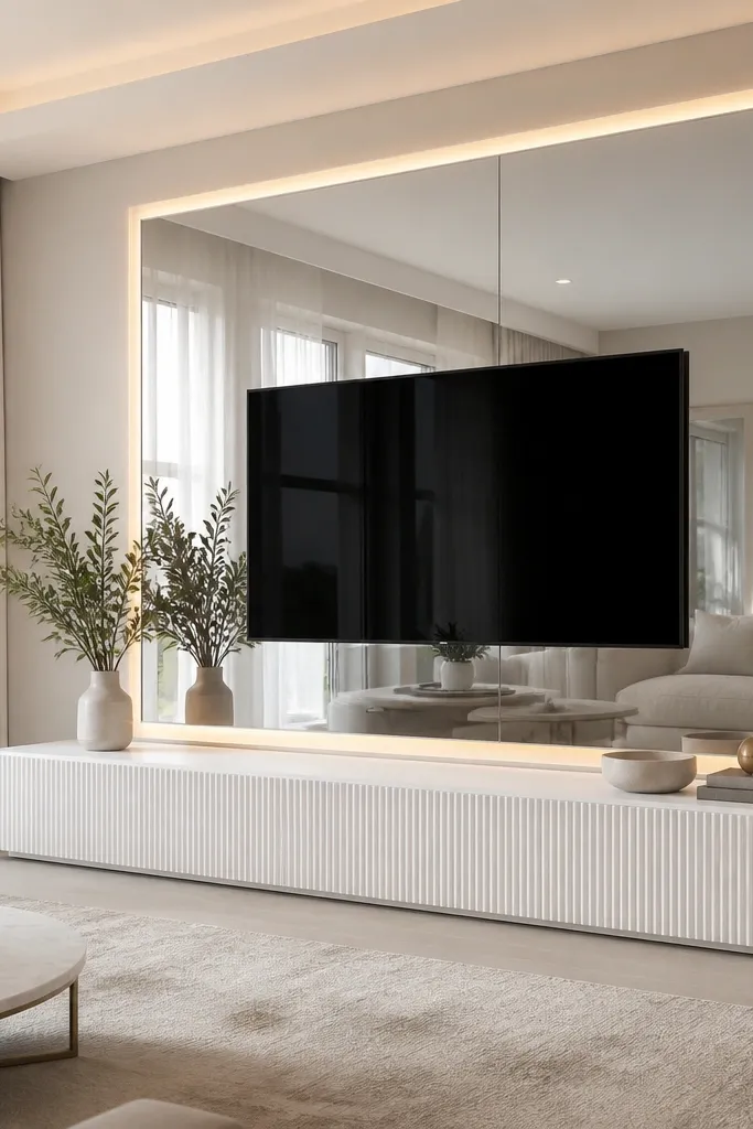 A TV wall where the area behind the TV is covered with a large, clear mirror panel. The TV is mounted in the center, and a warm LED strip lines the mirror perimeter. A white console sits beneath, and the mirror creates a bright reflection. The room has light curtains and a neutral rug.