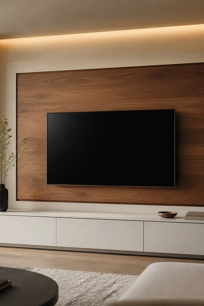 A TV wall with a large wood slab panel behind the TV, framed by a slightly larger painted border. There is a thin shadow gap line between the wood panel and the border. The wood is medium walnut with matte finish. A low white console sits beneath, and the wall has warm indirect lighting hidden in the top border.