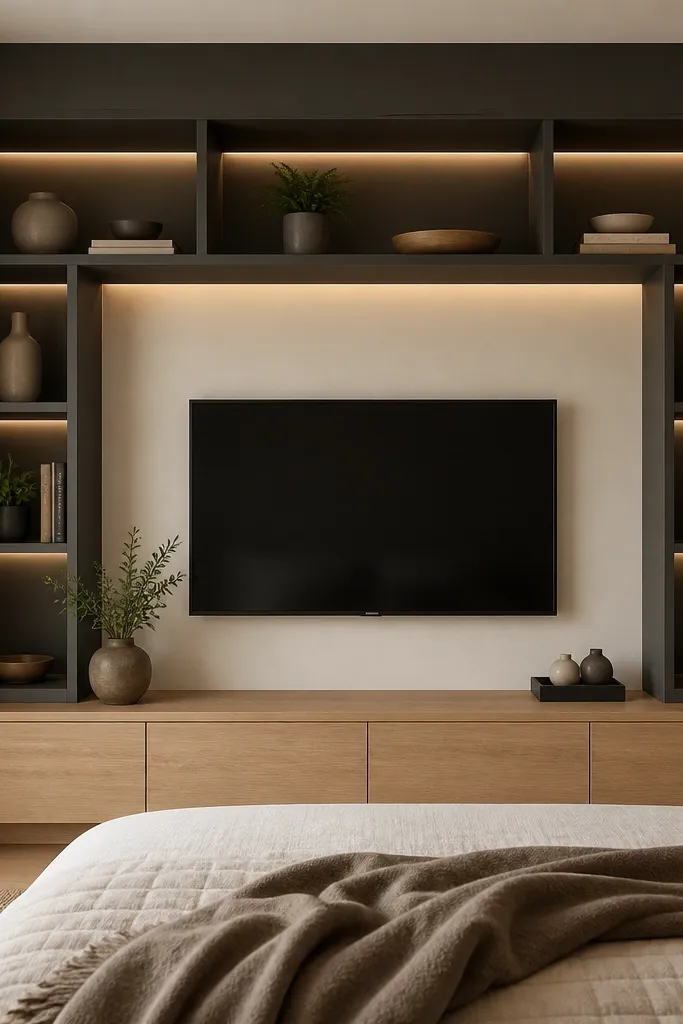 A bedroom back wall with a two-tone built-in look: the TV zone is painted warm off-white, and the surrounding upper niches are painted deep charcoal. There are open shelves above and to the sides of the TV. A light oak media console sits below. Warm LED strips run inside the charcoal niches.