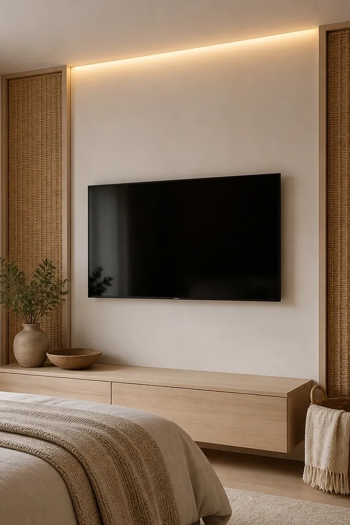 A TV wall in a bedroom corner with white paneling behind the TV and rattan panels on the sides. The TV is centered on the white panel. The rattan panels are woven in a vertical pattern and sit in recessed frames. A light wood console and a woven basket sit beneath. Warm LED light glows at the top edge of the white panel.