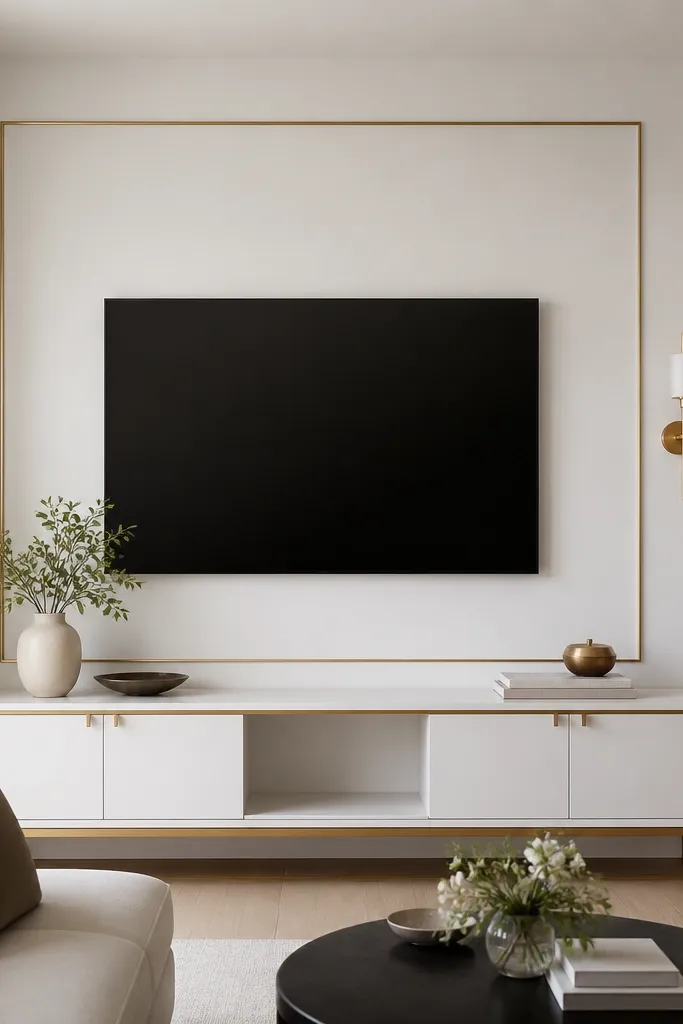 A TV wall where the back panel behind the TV is a smooth white laminate with a matte finish. A thin brass trim outlines the TV area like a frame. The TV sits centered, and a brass-accented media console in white sits below. A small brass wall sconce is on one side.
