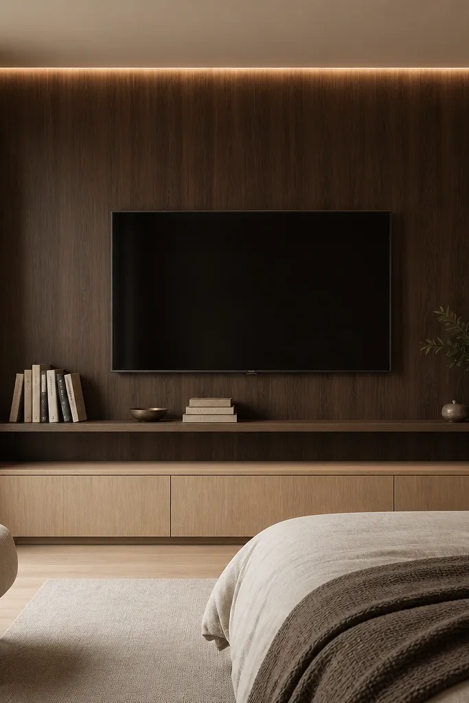 A bedroom back wall with a dark walnut veneer panel behind the TV. The TV is centered, and a thin floating shelf strip runs horizontally below the TV, holding a row of books and small decor. There's a hidden LED strip along the top edge. The media console is light oak with simple doors.