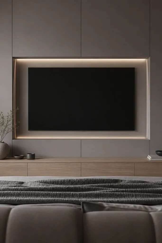 A monochrome grey bedroom back wall with subtle vertical panel lines. The TV is set into a recessed niche with a slightly lighter grey border. Recessed LED dots or a thin hidden strip lights the niche edge. A grey upholstered headboard is visible in the foreground, and a light wood console sits beneath.
