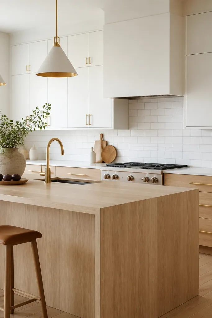 A bright kitchen with soft white upper cabinets (matte doors), rift white oak base cabinets, and a large rift oak island with a waterfall front. The island edge flows down in one continuous face. Hardware is satin brass bar pulls, and the backsplash is white subway tile with light gray grout.