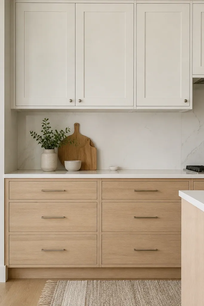 A modern kitchen with white shaker upper cabinets and rift white oak lower drawers. The oak has a pale, straight grain with a soft-satin finish. A white quartz countertop runs across, and brushed nickel bar pulls sit centered on each drawer front.