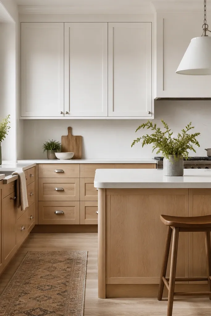 A modern-meets-traditional kitchen: crisp white shaker-style upper cabinets with simple square edges, and rift white oak flat-panel lower cabinets with minimal trim. The island is rift oak with a light quartz countertop. Hardware is brushed nickel cup pulls and drawer pulls.