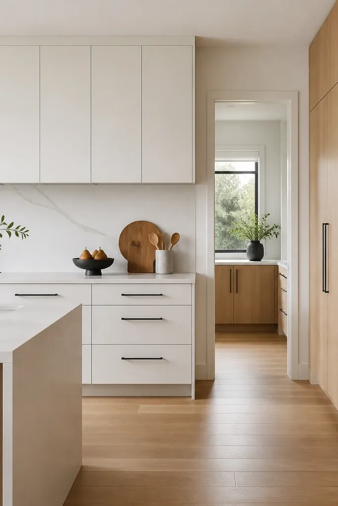 A crisp, modern kitchen with flat-panel white cabinets on the main run. The pantry wall is clad in rift white oak with matching paneling and vertical grain. Black slim bar pulls and a white quartz countertop complete the look.