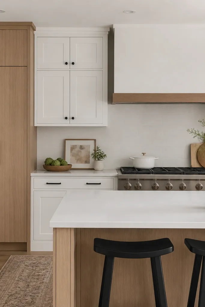 A clean white kitchen where the perimeter cabinets are bright white. A tall pantry wall is rift white oak with vertical grain. The hood surround has rift oak trim that matches the pantry. Hardware is black matte knobs and pulls, and the backsplash is warm white large-format tile.