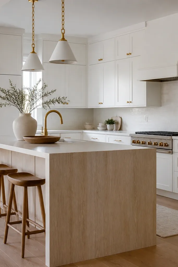 A bright kitchen with all-white cabinets lining the walls. The island is rift white oak with a waterfall countertop edge dropping down the side. The hardware is brushed brass, and the backsplash is a clean white tile.