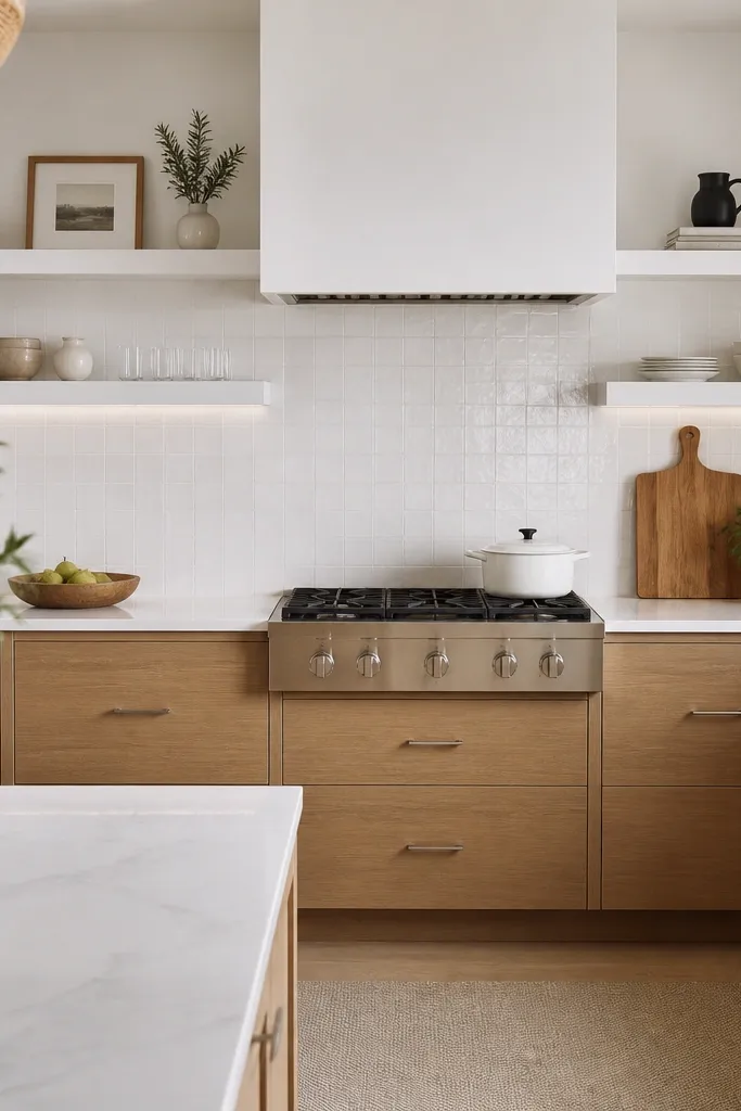 A kitchen with rift oak base cabinets and a white range wall. Two rows of white floating shelves sit above the oak bases. The backsplash is white tile, and a slim LED strip runs under the top cabinets. Hardware is brushed nickel.