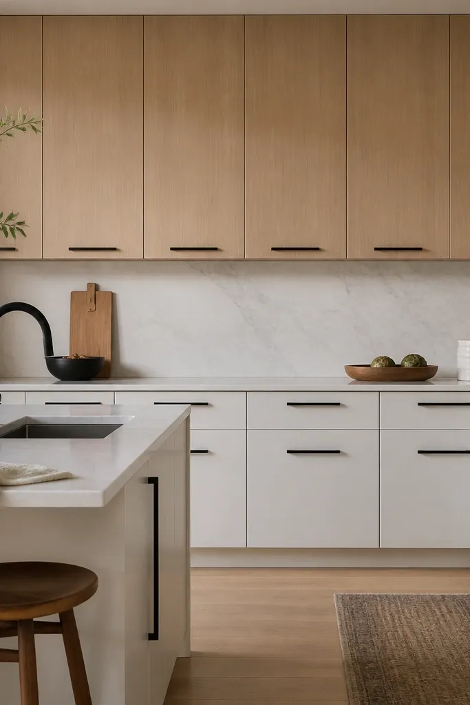 A modern kitchen with rift white oak upper cabinets and white lower cabinets. The uppers have slab doors with a soft-satin finish. Black bar pulls run horizontally across both sections.