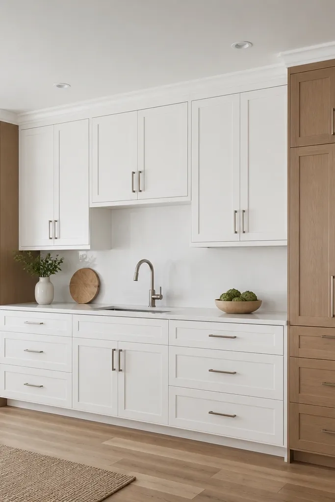 A long kitchen wall where center cabinets are white and the ends are rift white oak tall columns. The cabinets have shaker doors and the hardware is brushed nickel. A white quartz countertop sits over both sections.