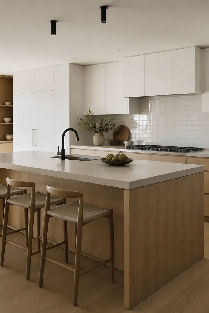 A sleek kitchen with white slab cabinets on the perimeter. The drawers have rift oak fronts, and the island has rift oak paneling on the sides. The countertop is a light stone, and the backsplash is a glossy white tile.