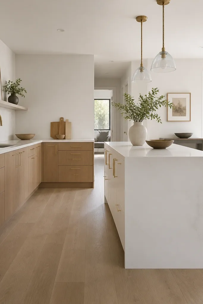 An L-shaped kitchen with rift oak base cabinets along the long wall, and a white peninsula extending toward the dining area. The peninsula has white slab doors and a waterfall edge on one side. Hardware is satin brass.