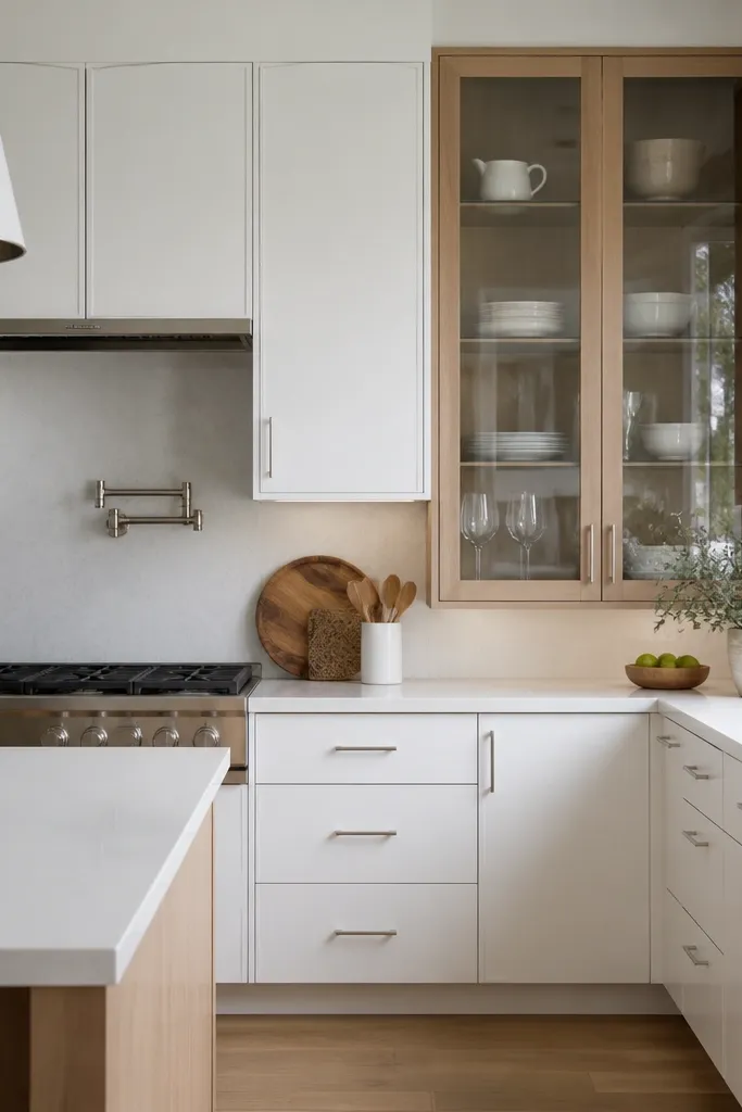 A modern kitchen with white flat-panel cabinets. The upper corner sections have rift white oak frames holding glass doors. The glass shows a faint reflection, and the hardware is brushed nickel.