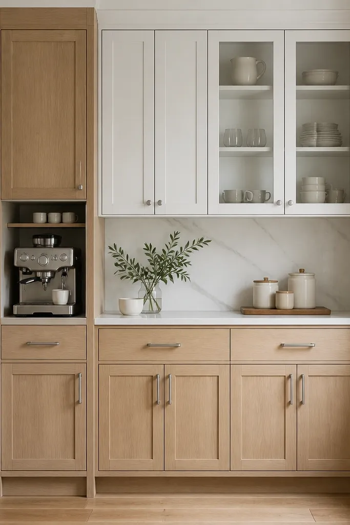 A small coffee bar nook: rift oak base cabinets with a built-in espresso machine niche, white uppers above, and a section of glass-front cabinets. The glass shows white interior backs. Hardware is brushed nickel.