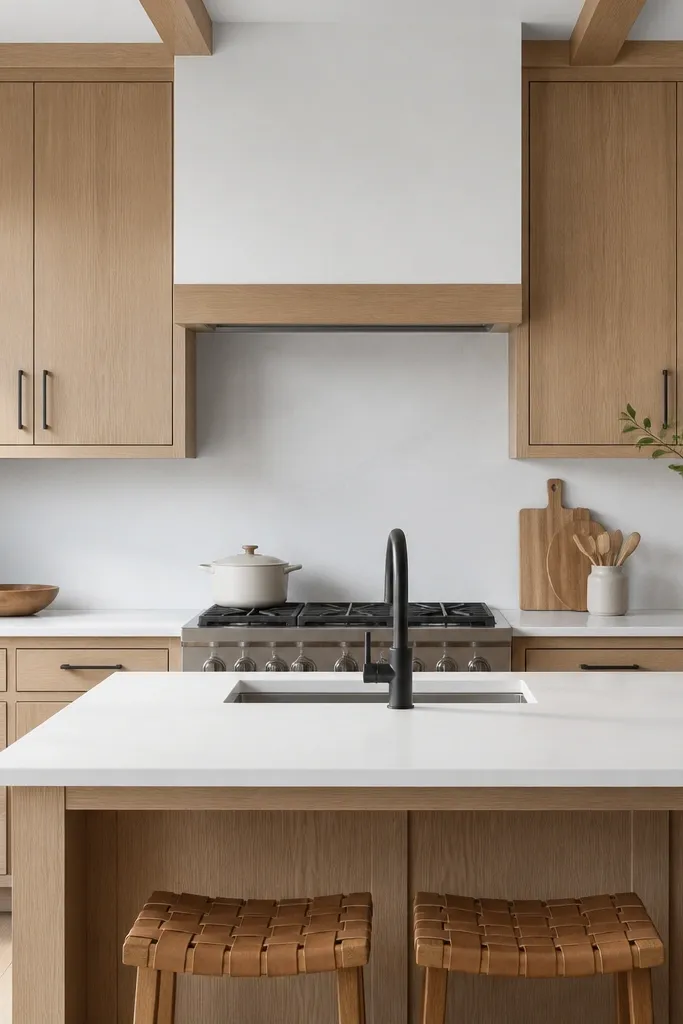 A kitchen where the upper cabinets are rift white oak with soft-satin finish. The hood surround is white, and there's oak trim running along the edges. The countertop is white quartz and the pulls are black.