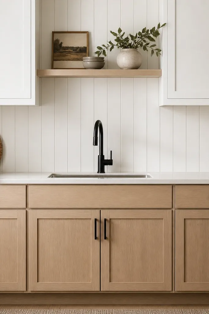 A white beadboard panel wall behind a kitchen sink. Cabinets below are rift white oak with shaker-style doors, while upper cabinets are white. Black matte hardware is used across drawers and doors.