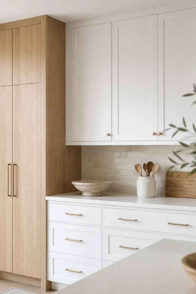 A bright kitchen with white shaker cabinets on the walls. A ceiling-height rift white oak pantry stands at one end with tall doors and simple pulls. The countertop is white quartz and the backsplash is light stone subway tile.