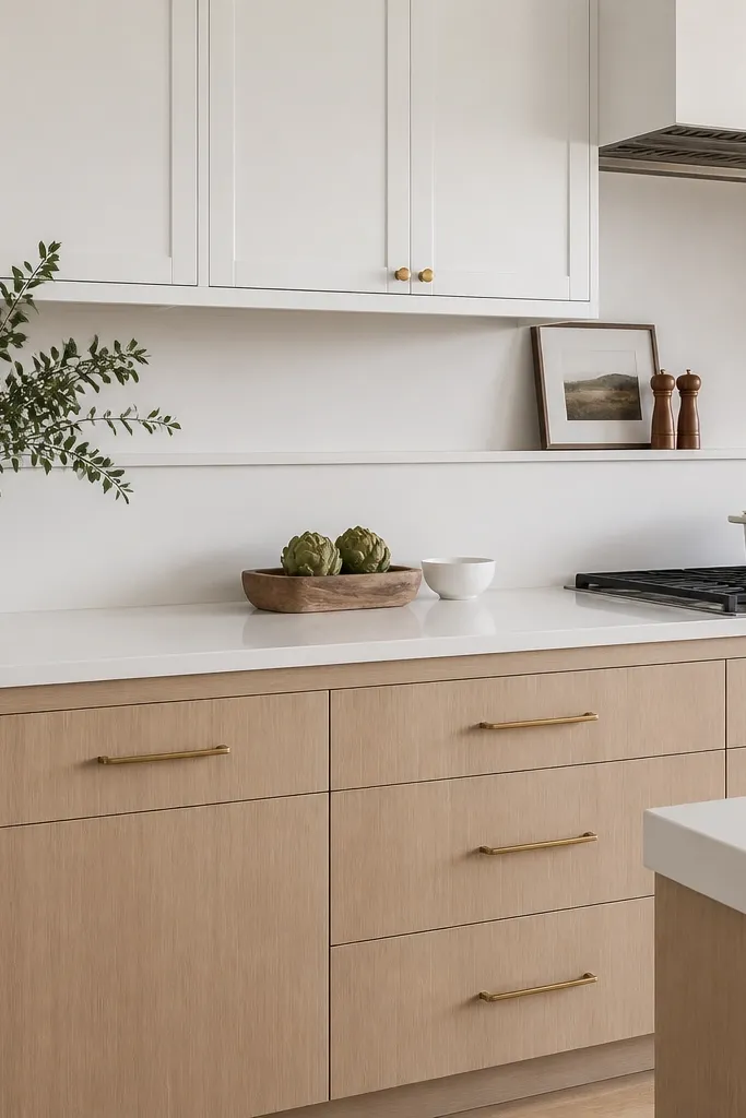 A modern kitchen with rift white oak base cabinets and white upper cabinets. A thin white backsplash rail runs horizontally between the counters and uppers. Hardware is brushed brass and the countertop is white quartz.