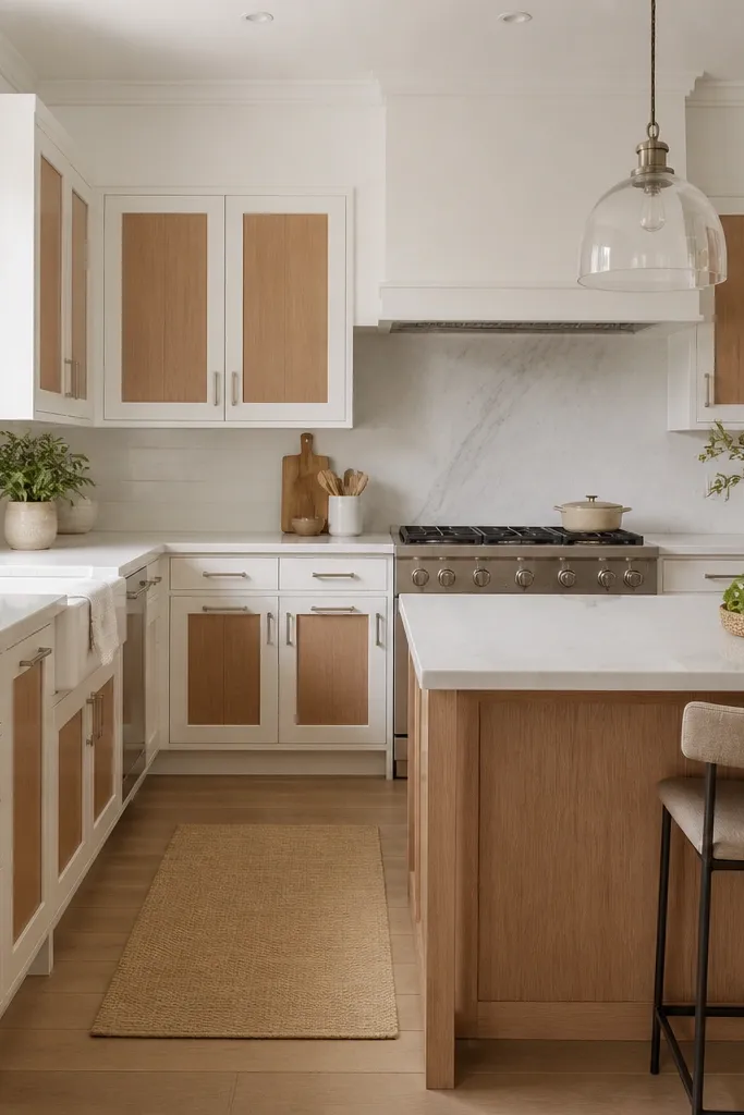 Cabinet doors have a white frame border with rift oak center panels. The perimeter is mostly white, but each door has an oak rectangle. The island is rift oak with a white countertop. Hardware is satin nickel.