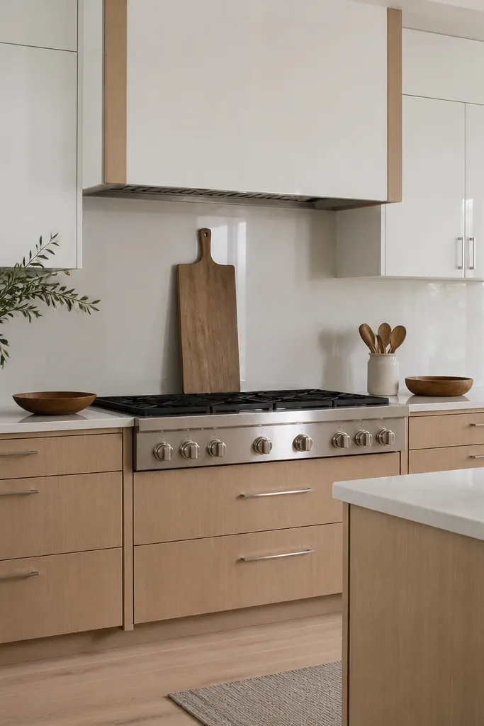 A kitchen where the base cabinets are rift white oak. The hood wall and upper cabinets are white with a higher sheen, almost glossy. The hood has a white surround with rift oak trim at the sides. Hardware is brushed nickel.