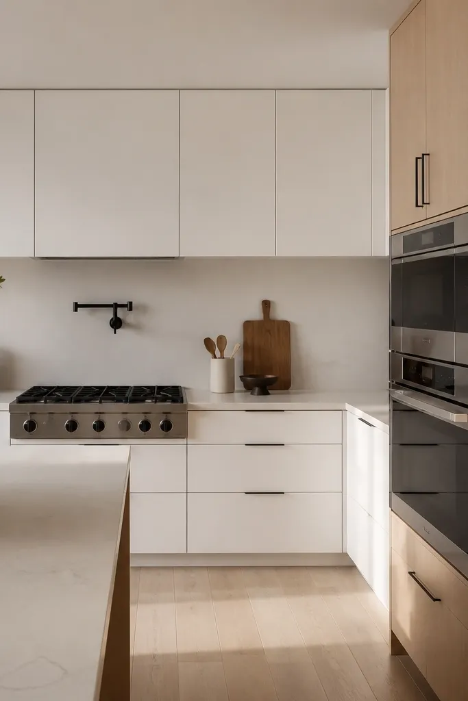 A sleek kitchen with white slab cabinets across the walls. A rift white oak microwave tower stands next to the range with matching grain and minimal trim. The hardware is black and the countertop is light stone.