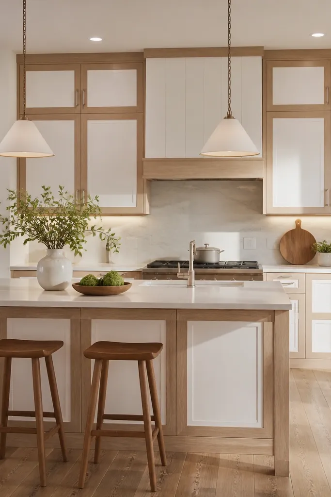 A modern kitchen with rift white oak cabinet frames and white inset center panels on doors. The finish is soft-satin and the lighting is warm, with pendant lights over the island. Brushed nickel pulls sit on the inset panels.
