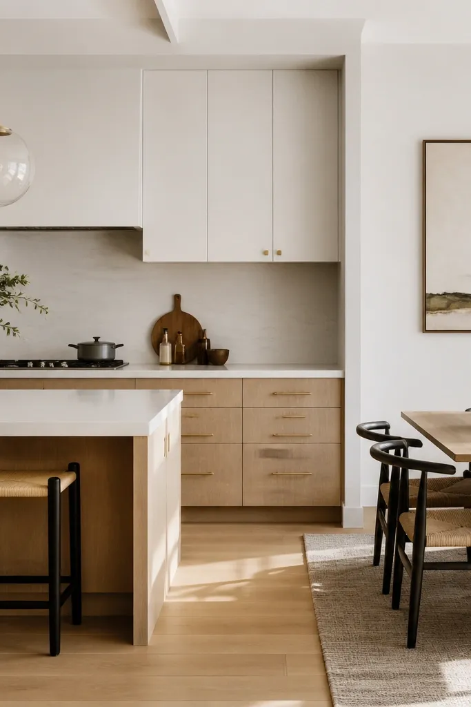 A modern kitchen with rift white oak base cabinets and soft white uppers. The backsplash has a white tone with a faint oak-like pattern. The dining wall is soft white paint. Hardware is satin brass.