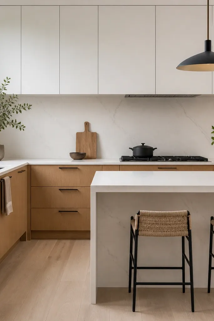 Rift white oak lower cabinets with a white quartz countertop that continues as a waterfall on the island. Upper cabinets are white with flat-panel doors. Hardware is black matte.