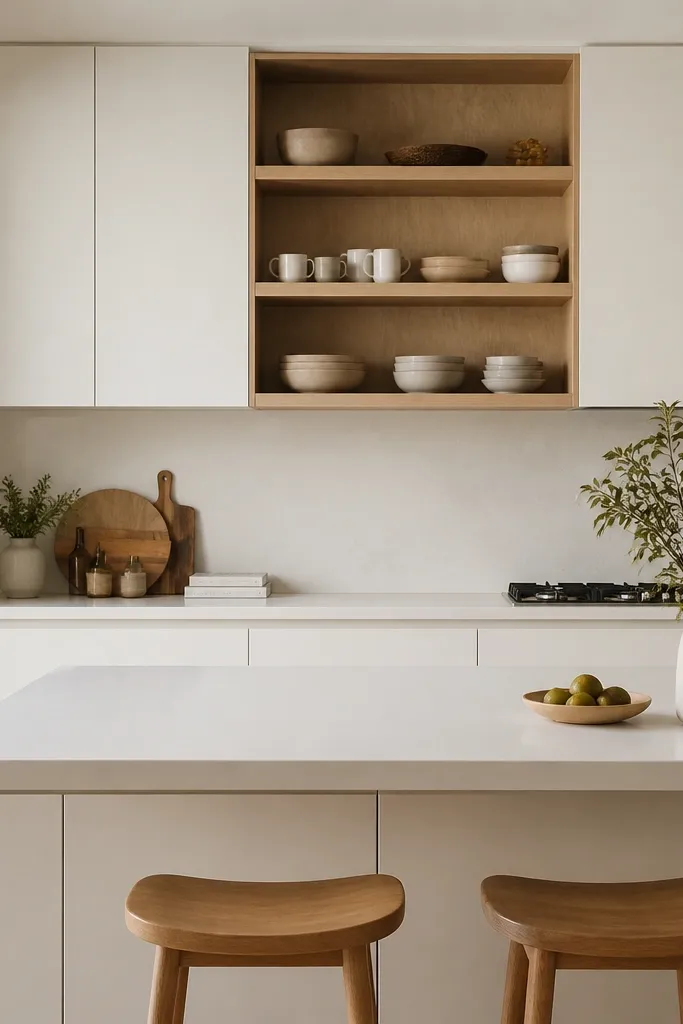 A kitchen with white upper cabinets that have concealed doors. In the middle, a rift white oak open shelf section holds neatly arranged mugs and bowls. The island has a white countertop and matching white base cabinets.