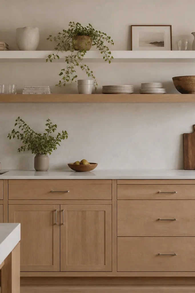 Open shelving above a rift oak base cabinet run. Some shelves are white-painted wood, others are rift oak. The upper cabinets are minimal or absent. Hardware is brushed nickel.