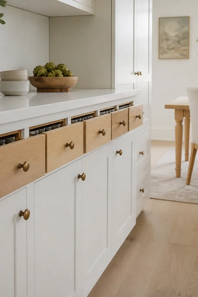 A kitchen with white cabinets and a row of rift white oak pull-out spice drawers at counter height. The drawers have simple knobs, and the countertop is white quartz. A dining area visible nearby has light wood chair legs.