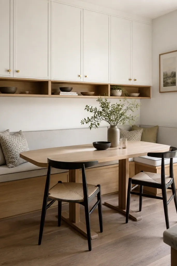 A dining corner with built-in banquette seating and cabinetry above at desk height. The base of the built-ins is rift white oak, while the cabinet doors above are white. The seating has light fabric and piping. Hardware is satin brass.