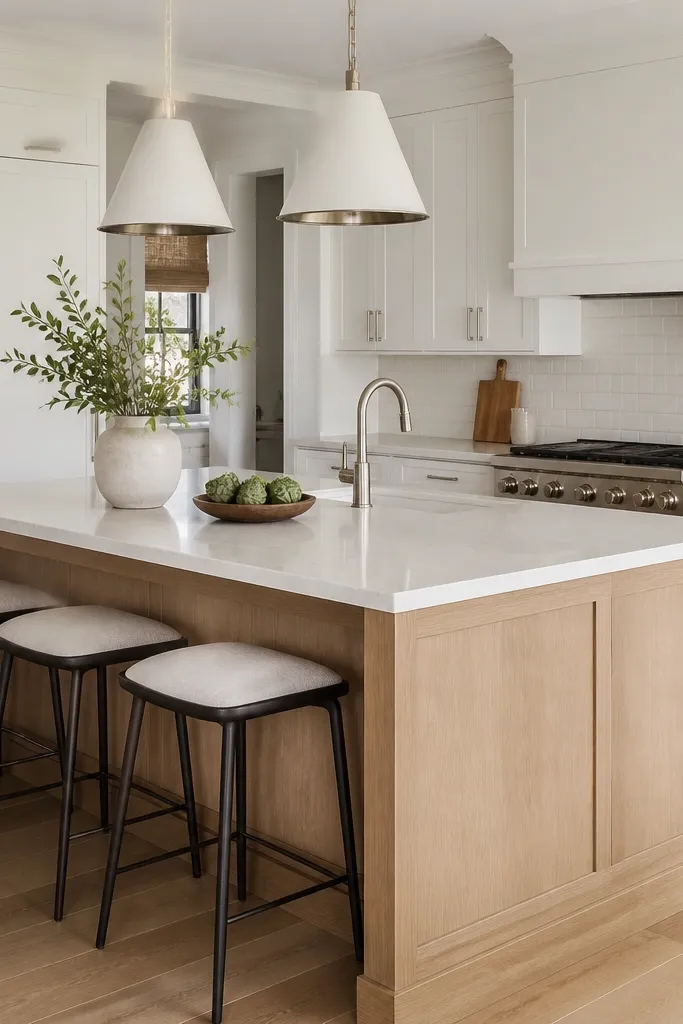 A kitchen island with a rift white oak base and a white countertop. The surrounding cabinetry is white, creating a clean boxy look. The hardware is brushed nickel and the backsplash is white tile.