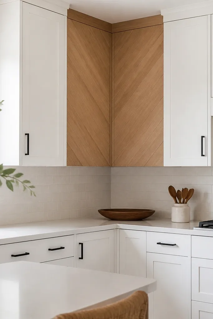 A modern corner cabinet area where white cabinets have rift white oak diagonal panels on the inside corner. The rest of the kitchen is white with black hardware and a light backsplash.