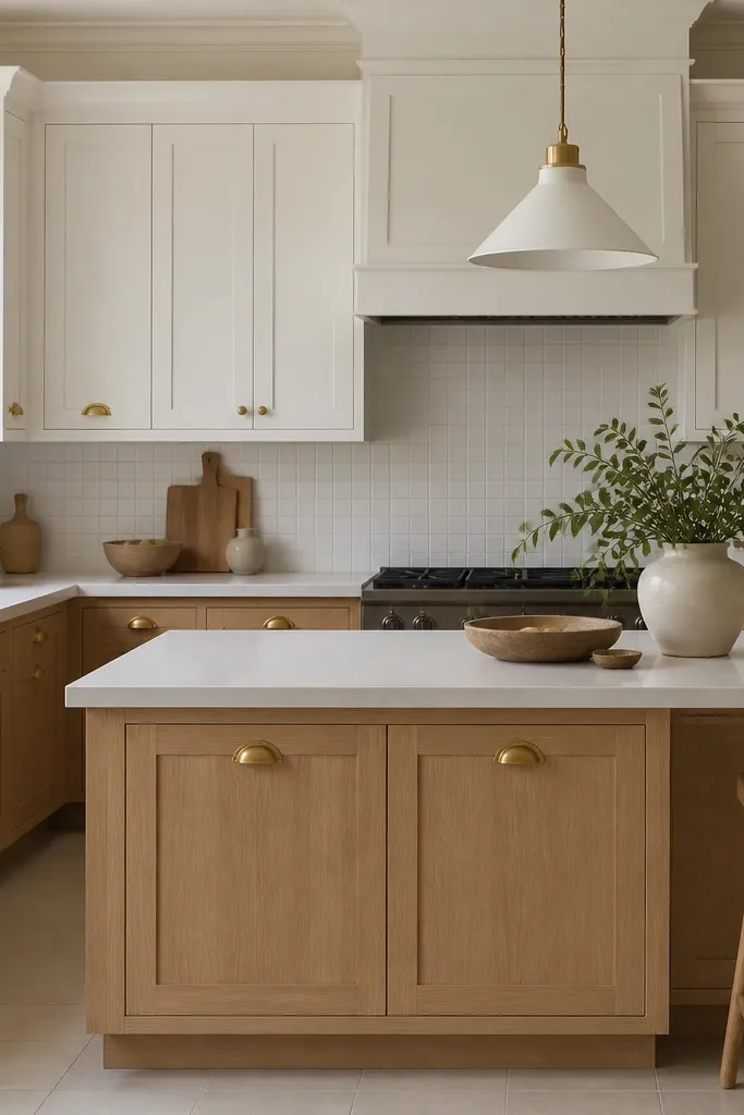 A kitchen with white raised panel uppers and rift white oak base cabinets. The island front is rift oak. Brass cup pulls sit in the center of doors and drawers. The backsplash is small-format white tile.