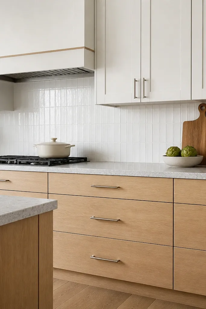 A kitchen with white shaker cabinets combined with rift white oak drawer fronts. The countertop is a light gray stone with soft, natural speckling. Brushed nickel pulls and a white backsplash tile complete the scene.