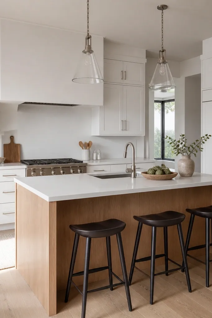 A modern kitchen with a white cabinet perimeter and a rift oak island. The hood surround is white with clean lines, while the island has rift oak sides. Hardware is brushed nickel, and the backsplash is a simple white slab.