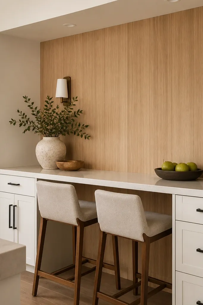 A breakfast bar area with white cabinets below. The back panel behind the bar seating is rift white oak, with a clean vertical grain. Black bar pulls and a light backsplash sit nearby.