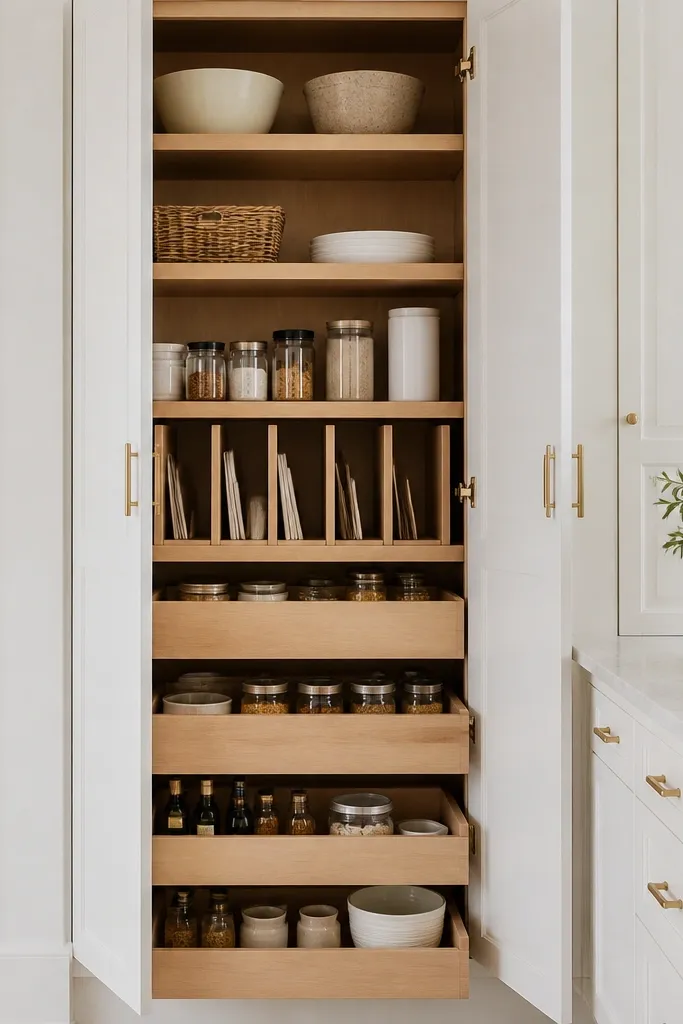 A tall white pantry with doors in soft white. Inside, the pantry has visible rift oak framing and drawer inserts. A rift oak pull-out organizer is visible. Hardware is satin brass.