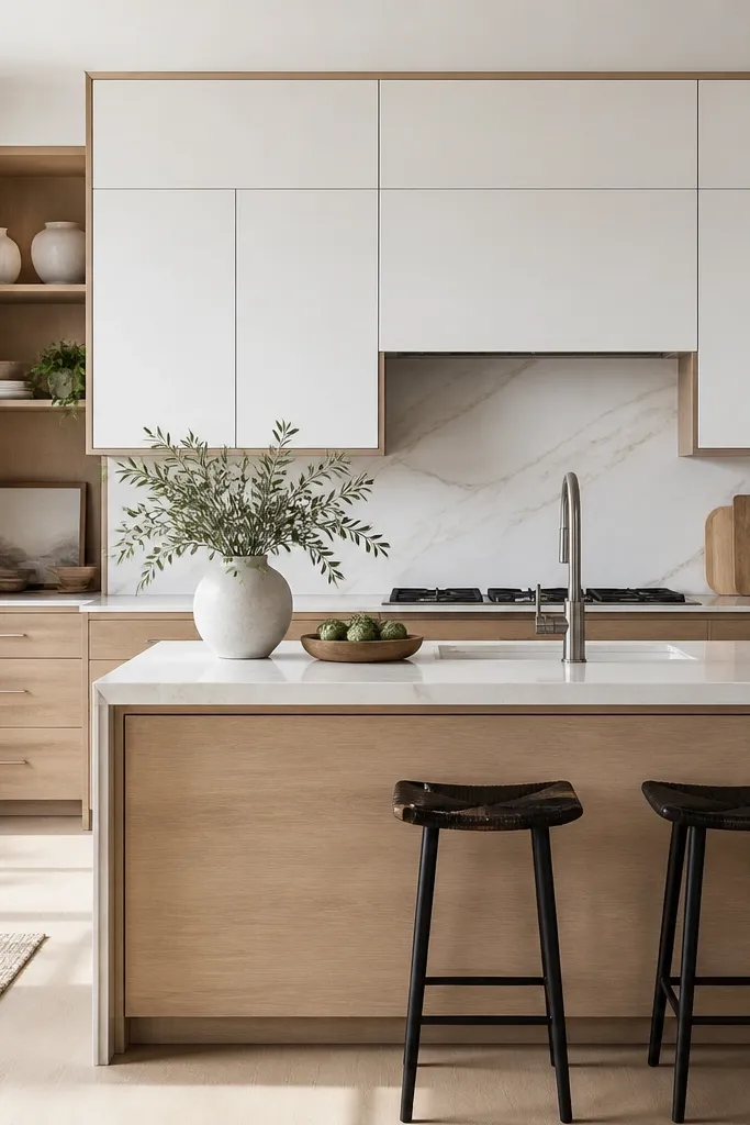 White upper cabinets with flat-panel doors. The lower cabinets are rift oak. A thin rift oak picture-frame trim runs around selected upper cabinet sections and the island face. Hardware is brushed nickel.