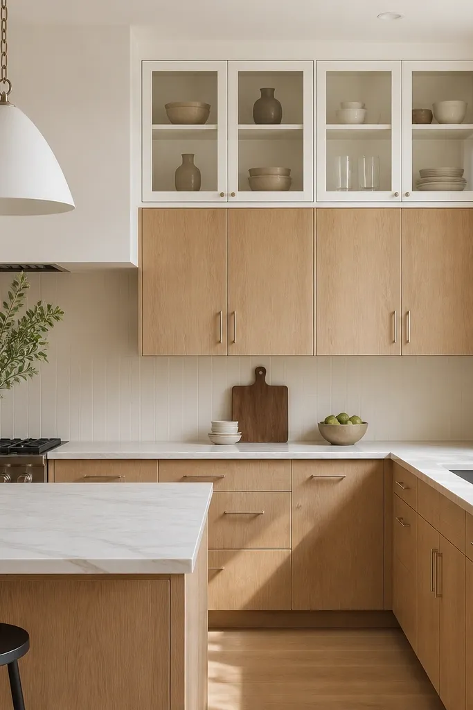 A kitchen where most cabinets are rift white oak, but there are white ceiling-height display box sections above the counters. The hardware is brushed nickel, and the backsplash is minimal.