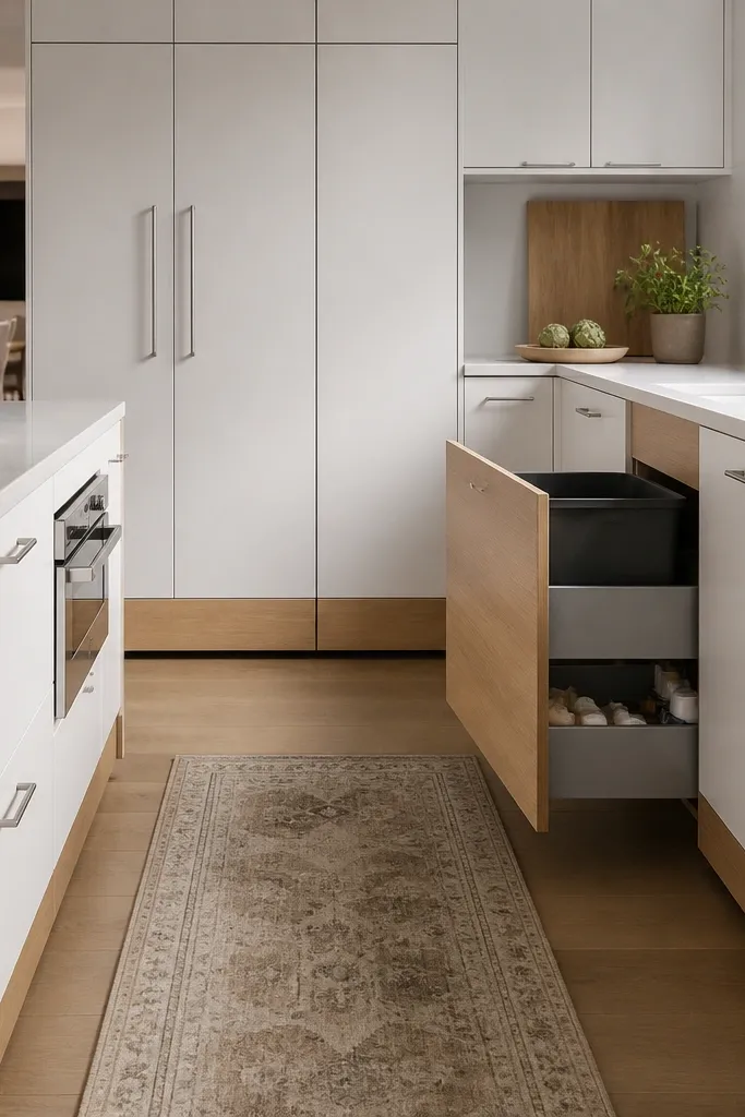 A modern kitchen with white cabinets and a rift white oak section at the toe-kick height used for pull-out drawers. The main trash and recycling are hidden behind a clean oak panel. Hardware is minimal and in brushed nickel.