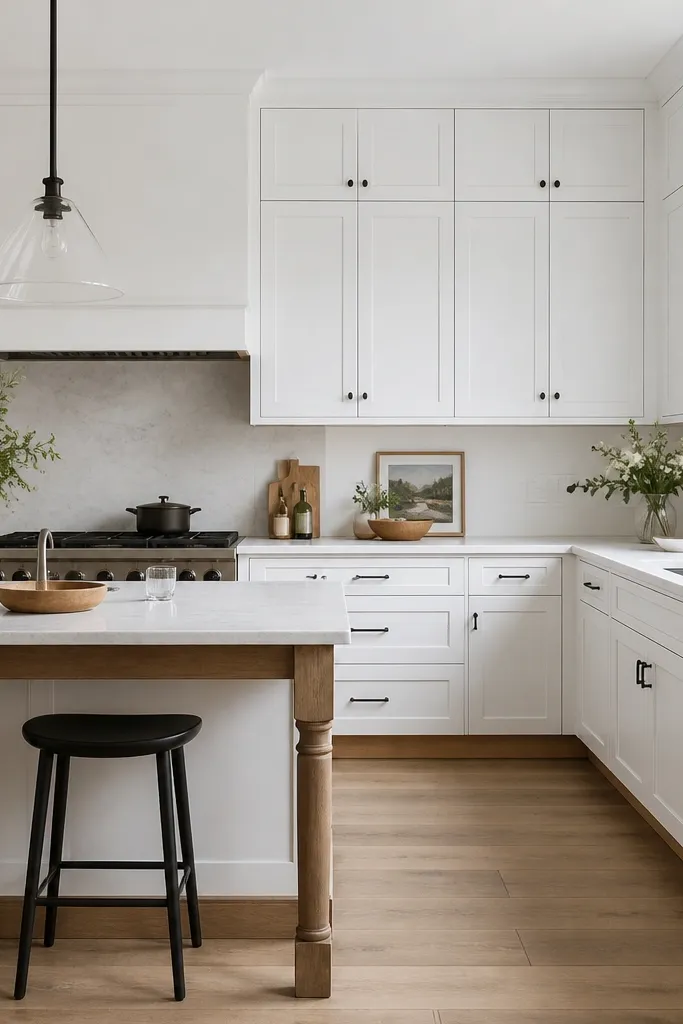 A mostly white kitchen with white upper and lower cabinets. Rift oak is used only at the toe-kicks and the visible island legs. The island top is light stone. Hardware is black matte.