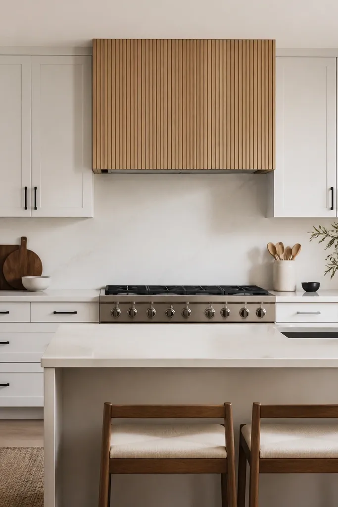 A modern kitchen with white cabinets and a rift white oak hood surround. The hood surround has slim vertical fluted panel lines in the oak. Black hardware and a white backsplash wrap the area.